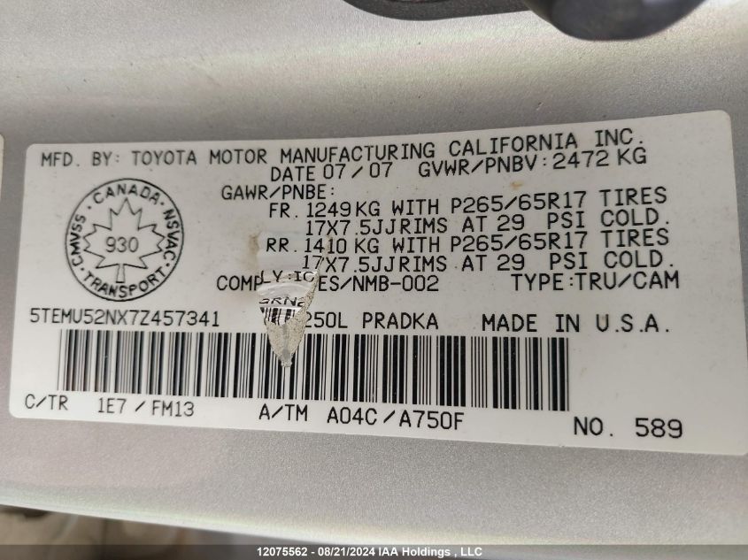 2007 Toyota Tacoma Double Cab Long Bed VIN: 5TEMU52NX7Z457341 Lot: 12075562