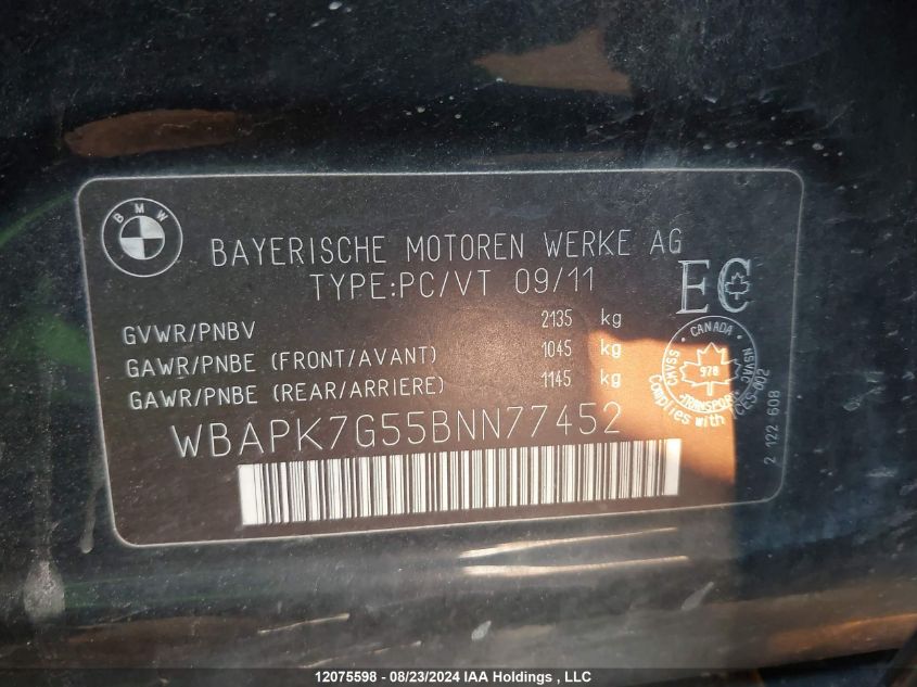 2011 BMW 3 Series VIN: WBAPK7G55BNN77452 Lot: 12075598