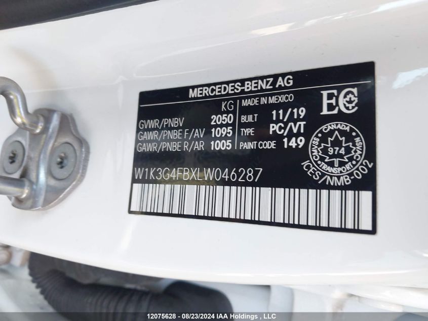 2020 Mercedes-Benz A-Class VIN: W1K3G4FBXLW046287 Lot: 12075628