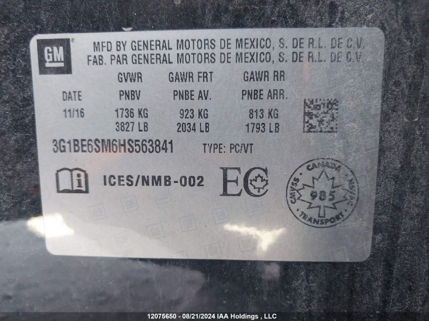 2017 Chevrolet Cruze VIN: 3G1BE6SM6HS563841 Lot: 12075650