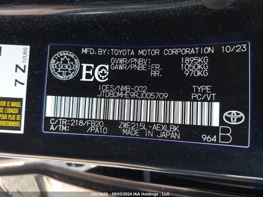 JTDBDMHE9RJ005709 2024 Toyota Corolla Hybrid Le