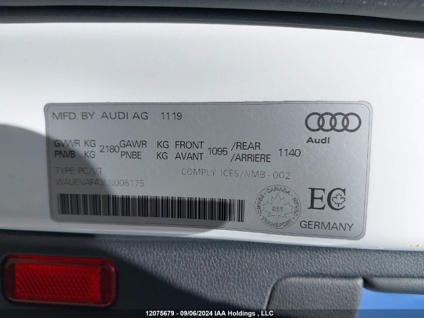 2020 Audi A4 Sedan VIN: WAUENAF43LN006175 Lot: 12075679