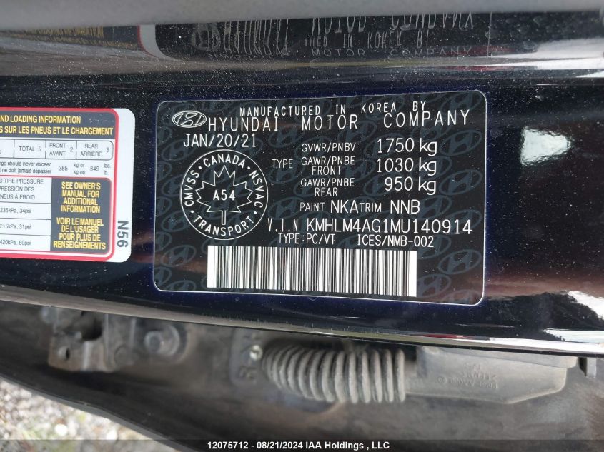 2021 Hyundai Elantra Sel VIN: KMHLM4AG1MU140914 Lot: 12075712