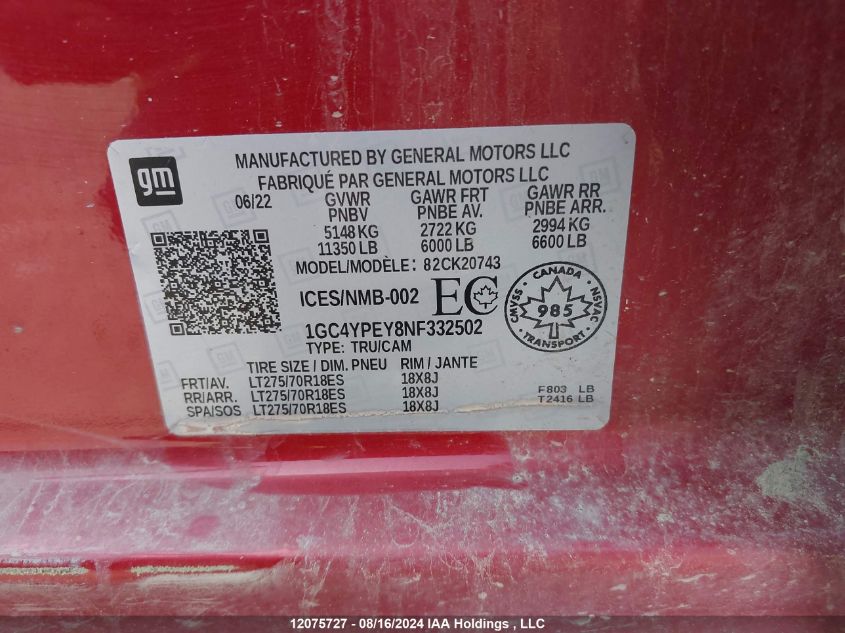 2022 Chevrolet Silverado K2500 Heavy Duty Ltz VIN: 1GC4YPEY8NF332502 Lot: 12075727