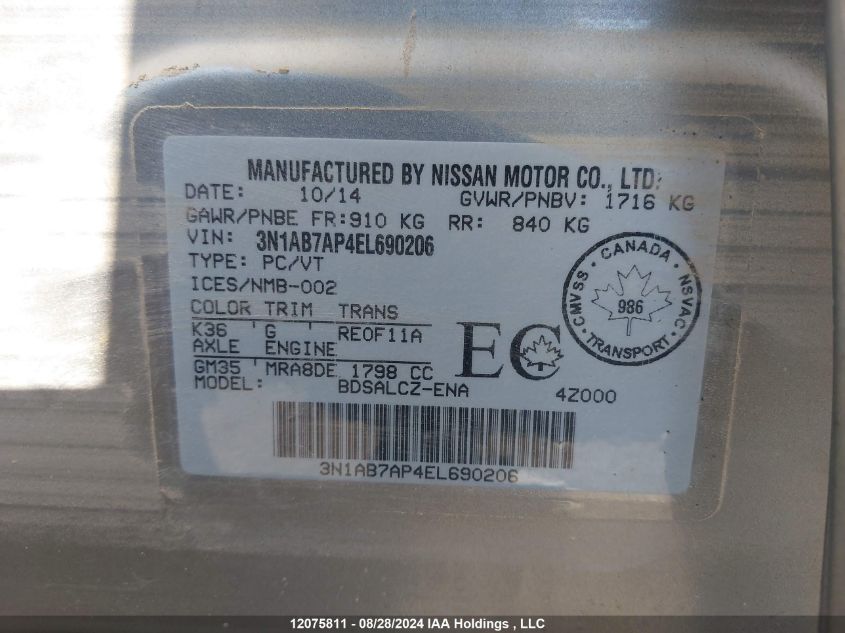 3N1AB7AP4EL690206 2014 Nissan Sentra S/Sv/Sr/Sl