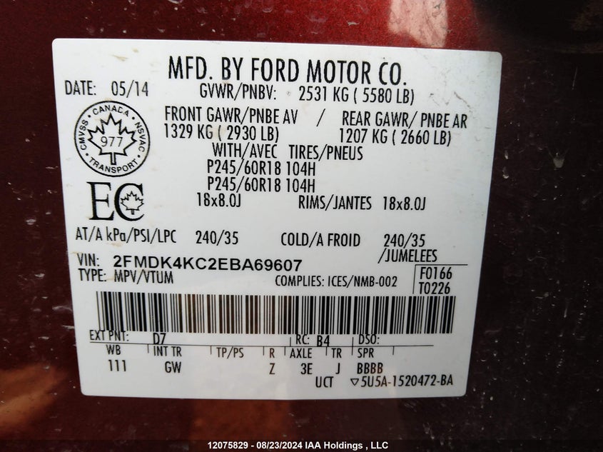 2014 Ford Edge Limited VIN: 2FMDK4KC2EBA69607 Lot: 12075829