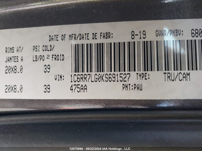 2019 Ram 1500 Classic Slt VIN: 1C6RR7LG0KS691527 Lot: 12075898