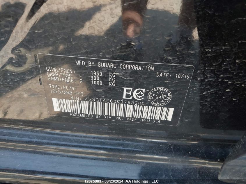 2019 Subaru Impreza Premium Plus VIN: 4S3GTAE60K3763260 Lot: 12075903