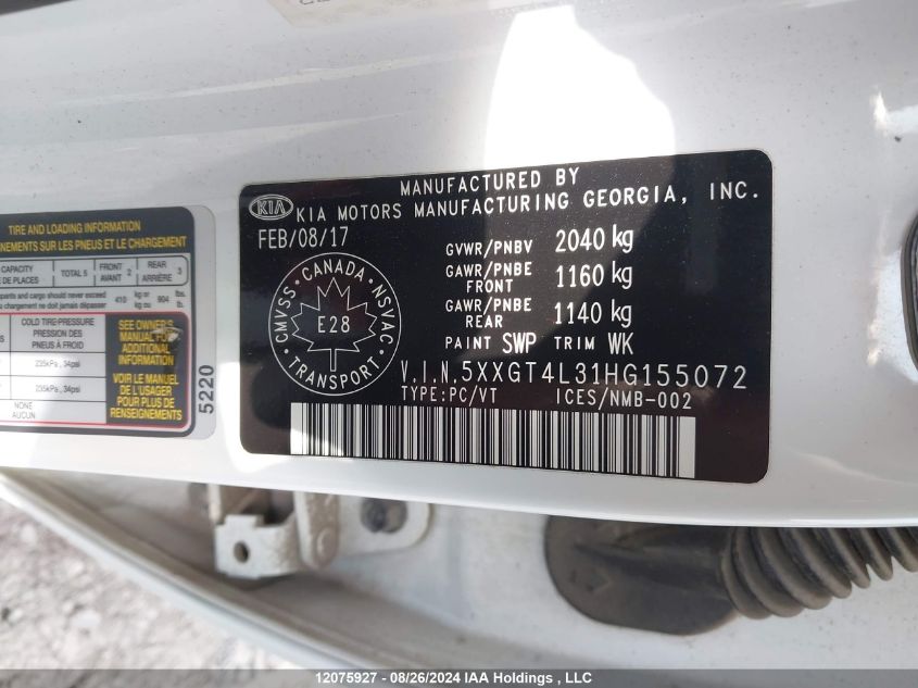 2017 Kia Optima VIN: 5XXGT4L31HG155072 Lot: 12075927