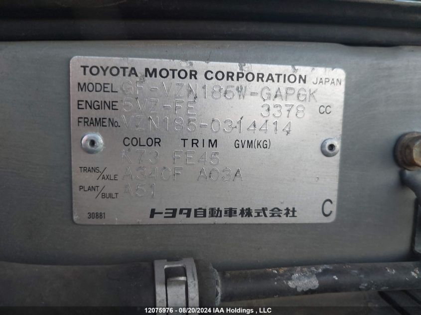 2000 Toyota Hilux VIN: VZN1850314414 Lot: 12075976