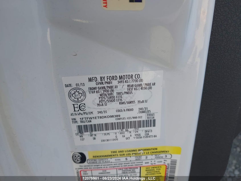 2013 Ford F-150 Fx4 VIN: 1FTFW1ET8DKD98389 Lot: 12075981