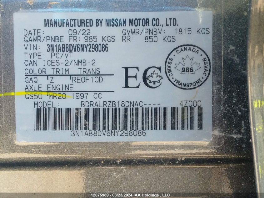 2022 Nissan Sentra VIN: 3N1AB8DV6NY298086 Lot: 12075989