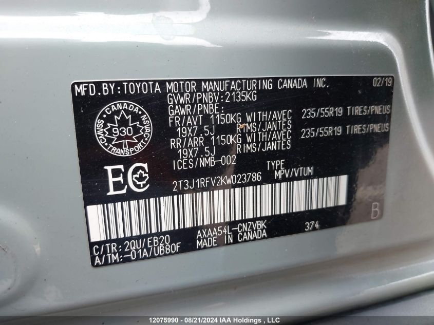 2T3J1RFV2KW023786 2019 Toyota Rav4 Adventure