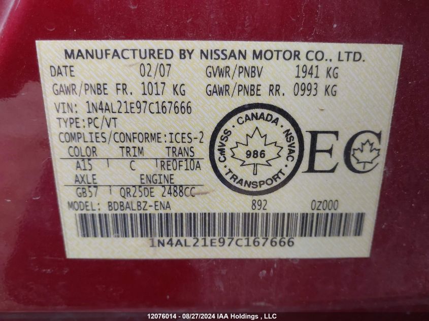 2007 Nissan Altima 2.5/2.5S VIN: 1N4AL21E97C167666 Lot: 12076014