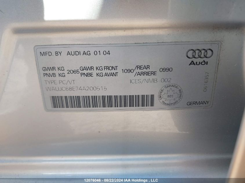 2004 Audi A4 VIN: WAUJC68E74A200515 Lot: 12076046