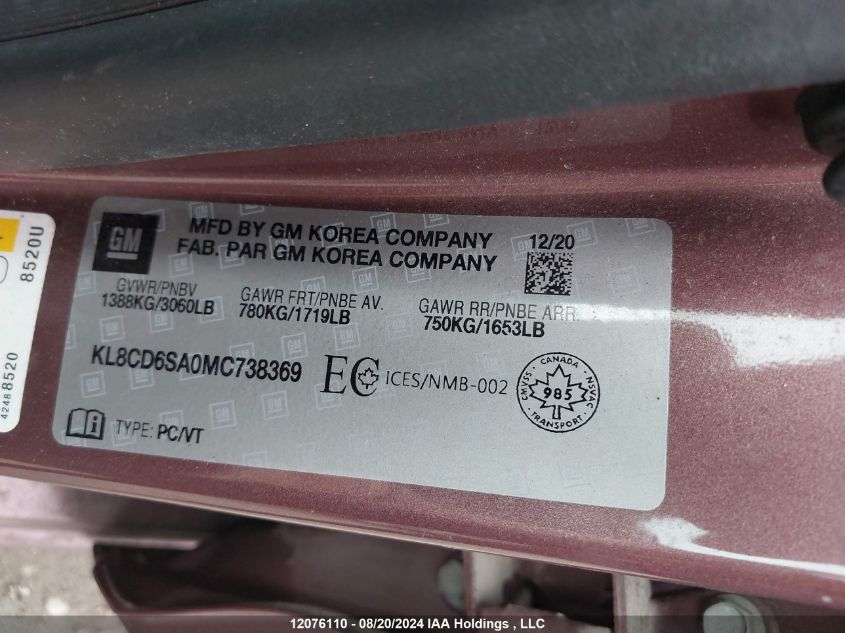 2021 Chevrolet Spark 1Lt VIN: KL8CD6SA0MC738369 Lot: 12076110