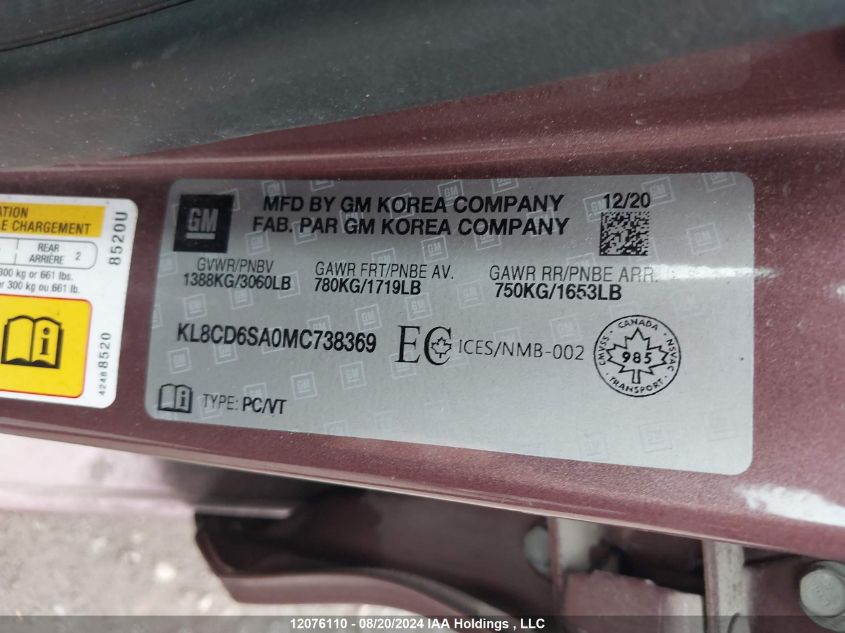 2021 Chevrolet Spark 1Lt VIN: KL8CD6SA0MC738369 Lot: 12076110