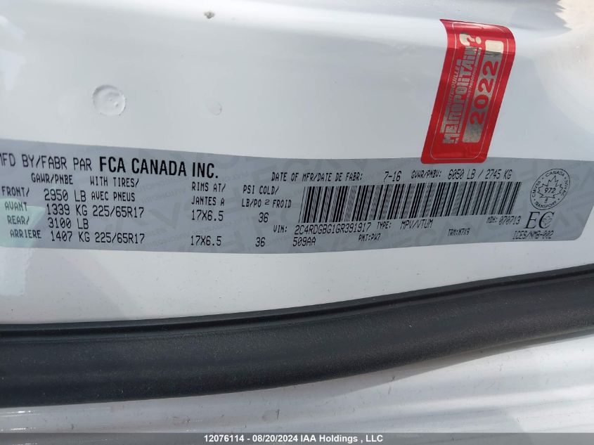 2016 Dodge Grand Caravan Se VIN: 2C4RDGBG1GR391917 Lot: 12076114