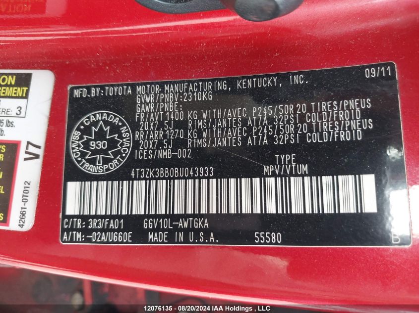 2011 Toyota Venza VIN: 4T3ZK3BB0BU043933 Lot: 12076135