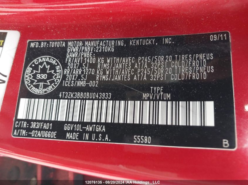 2011 Toyota Venza VIN: 4T3ZK3BB0BU043933 Lot: 12076135