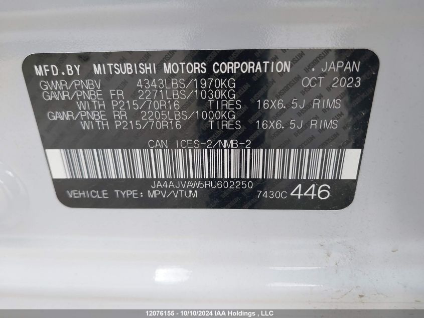 2024 Mitsubishi Rvr Se/Sel/Noir/Gt VIN: JA4AJVAW5RU602250 Lot: 12076155