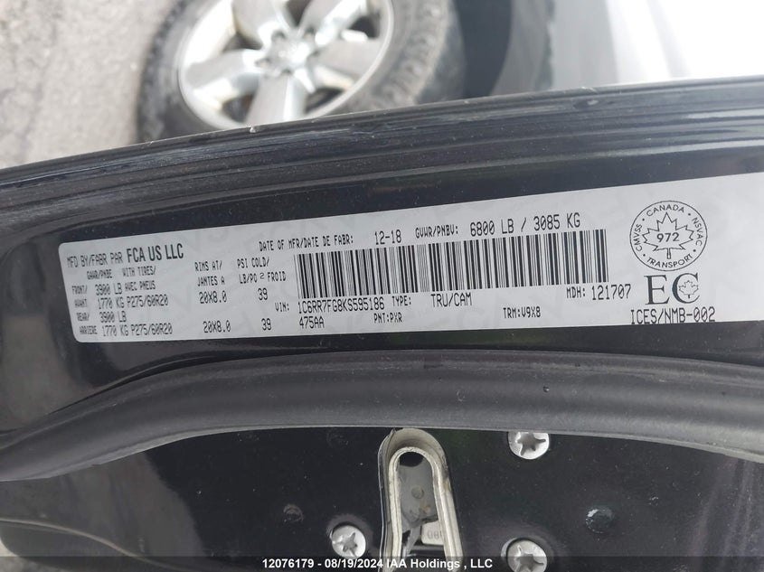 2019 Dodge Ram 1500 VIN: 1C6RR7FG8KS595186 Lot: 12076179