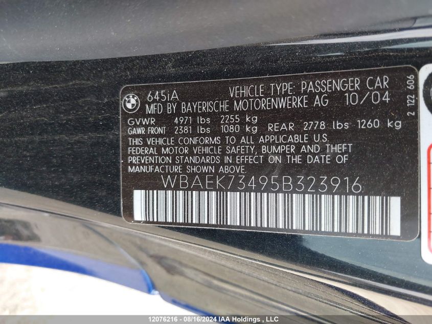 2005 BMW 6 Series VIN: WBAEK73495B323916 Lot: 12076216