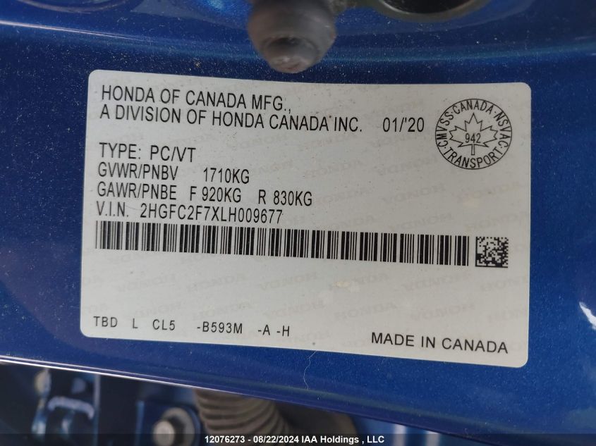 2020 Honda Civic Sedan VIN: 2HGFC2F7XLH009677 Lot: 12076273