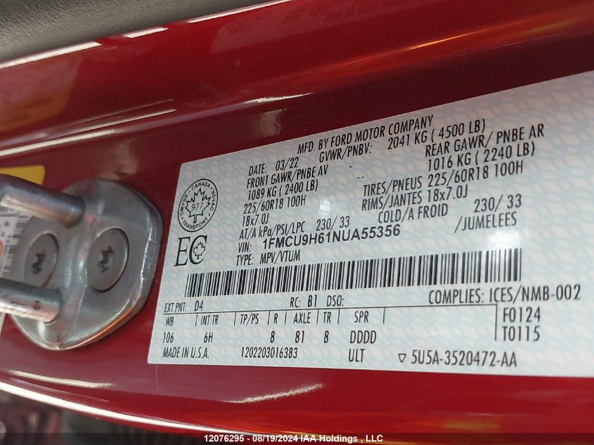 2022 Ford Escape Sel VIN: 1FMCU9H61NUA55356 Lot: 12076295