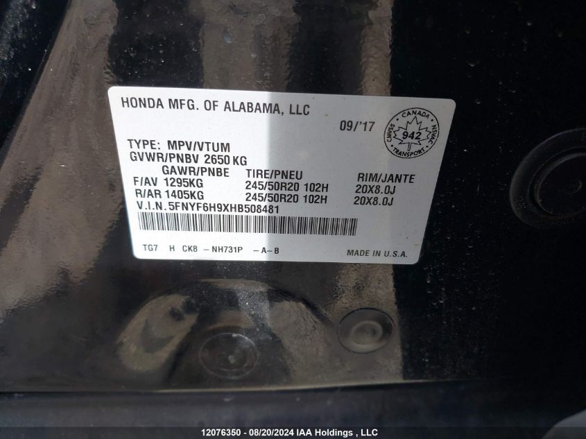 2017 Honda Pilot VIN: 5FNYF6H9XHB508481 Lot: 12076350