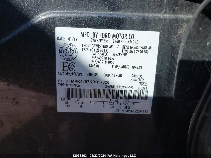 2019 Ford Edge Sel VIN: 2FMPK4J97KBB57826 Lot: 12076363