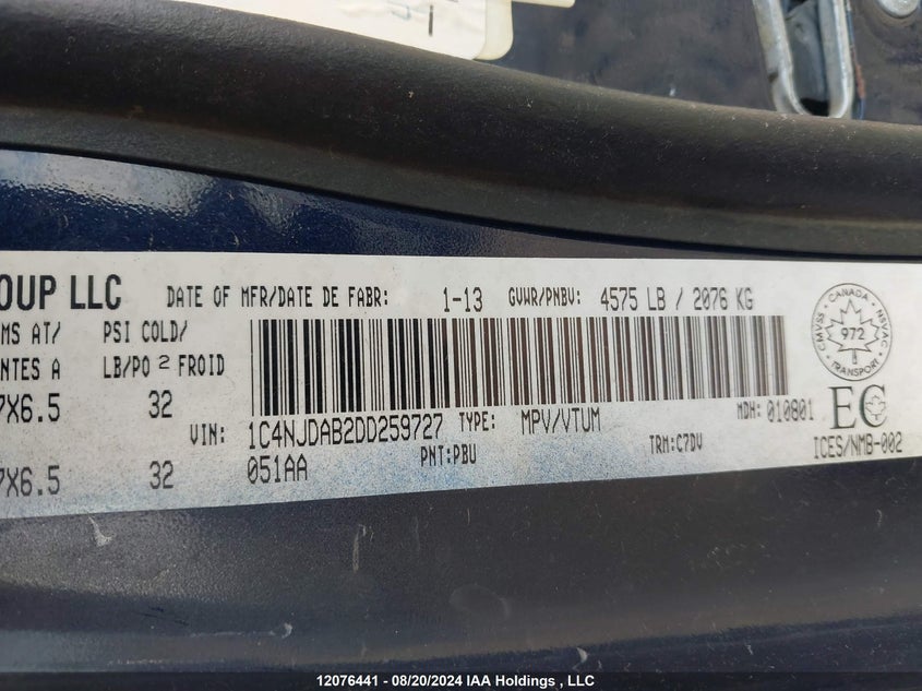 2013 Jeep Compass Sport/North VIN: 1C4NJDAB2DD259727 Lot: 12076441
