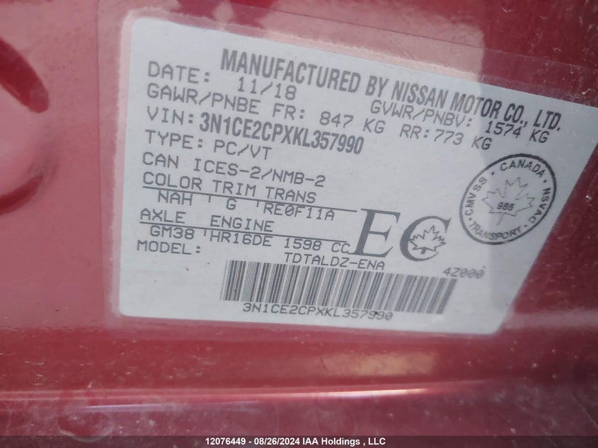 2019 Nissan Versa Note VIN: 3N1CE2CPXKL357990 Lot: 12076449