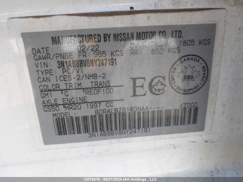2022 Nissan Sentra VIN: 3N1AB8BV8NY247191 Lot: 12076518
