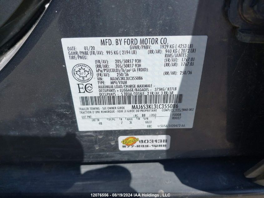 2020 Ford Ecosport Titanium VIN: MAJ6S3KL3LC355086 Lot: 12076556