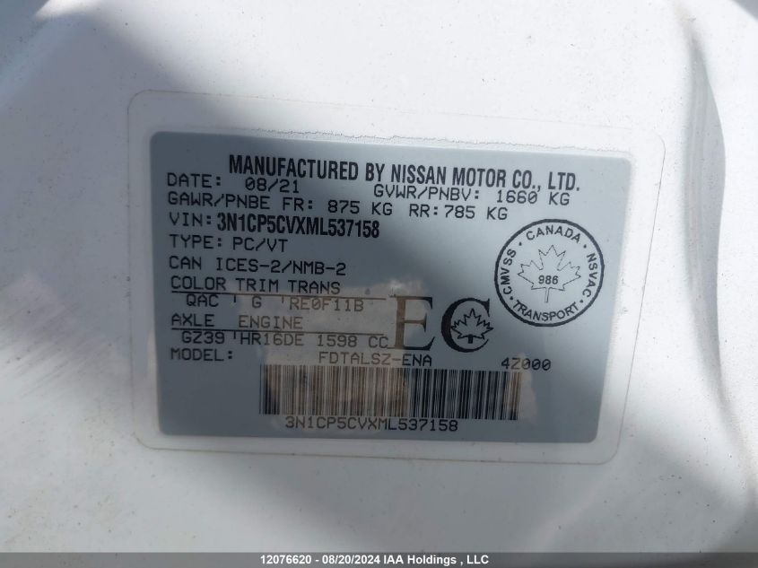 2021 Nissan Kicks VIN: 3N1CP5CVXML537158 Lot: 12076620