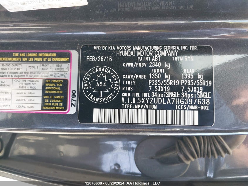 2017 Hyundai Santa Fe Sport 2.0T Ultimate VIN: 5XYZUDLA7HG397638 Lot: 12076638