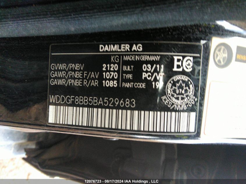 2011 Mercedes-Benz C-Class VIN: WDDGF8BB5BA529683 Lot: 12076723