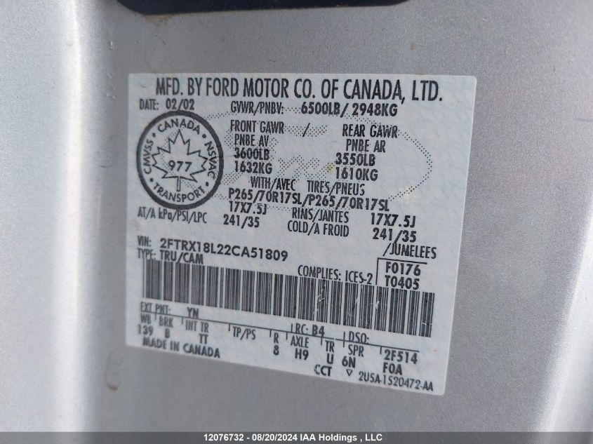 2002 Ford F-150 VIN: 2FTRX18L22CA51809 Lot: 12076732