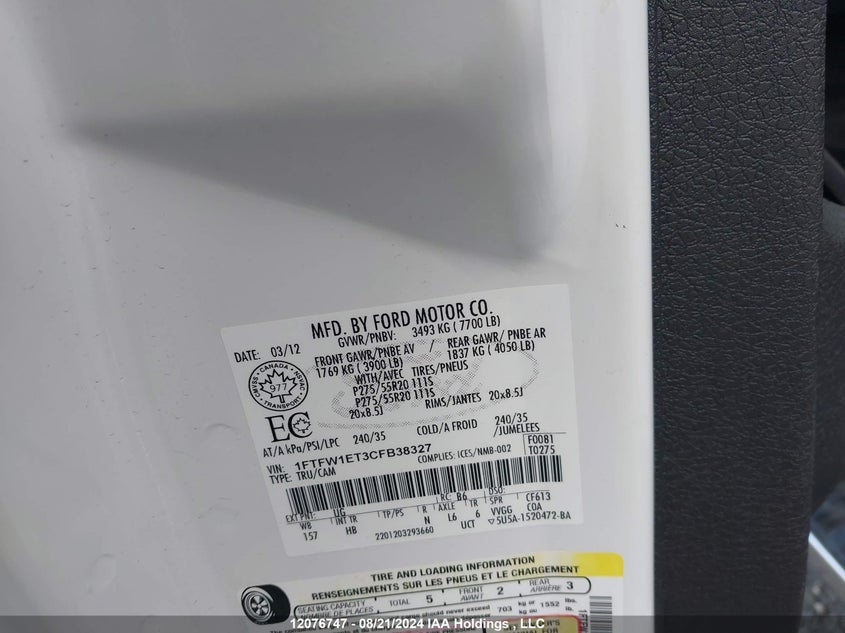 2012 Ford F150 Supercrew VIN: 1FTFW1ET3CFB38327 Lot: 12076747