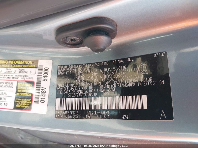 2007 Toyota Sienna Ce/Le VIN: 5TDZK23C07S088610 Lot: 12076751