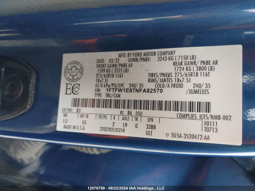 2022 Ford F150 Supercrew VIN: 1FTFW1E87NFA82570 Lot: 12076759