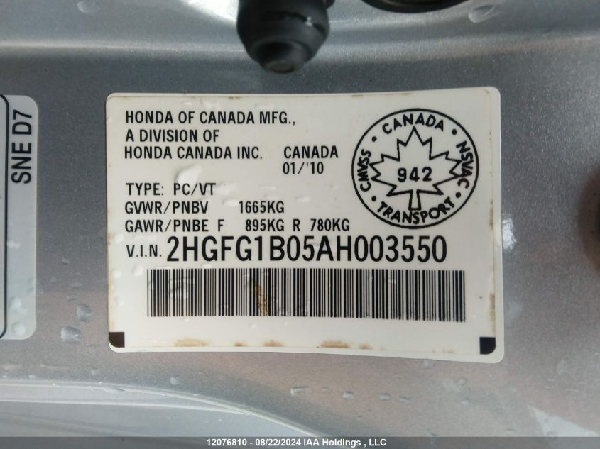 2010 Honda Civic VIN: 2HGFG1B05AH003550 Lot: 12076810