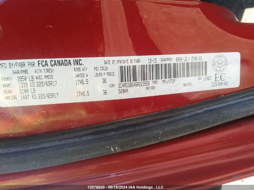 2016 Dodge Grand Caravan Se/Sxt VIN: 2C4RDGBG4GR223558 Lot: 12076820