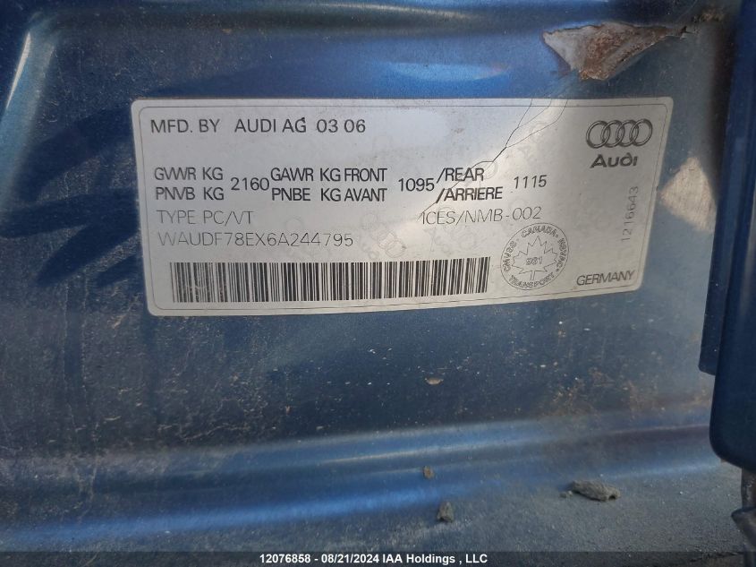 2006 Audi A4 VIN: WAUDF78EX6A244795 Lot: 12076858