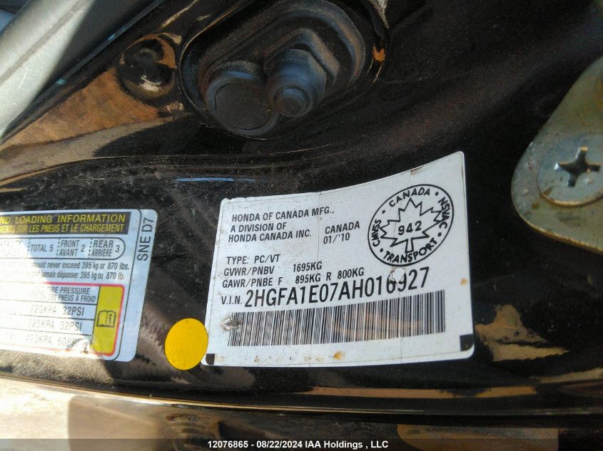 2010 Honda Civic VIN: 2HGFA1E07AH016927 Lot: 12076865