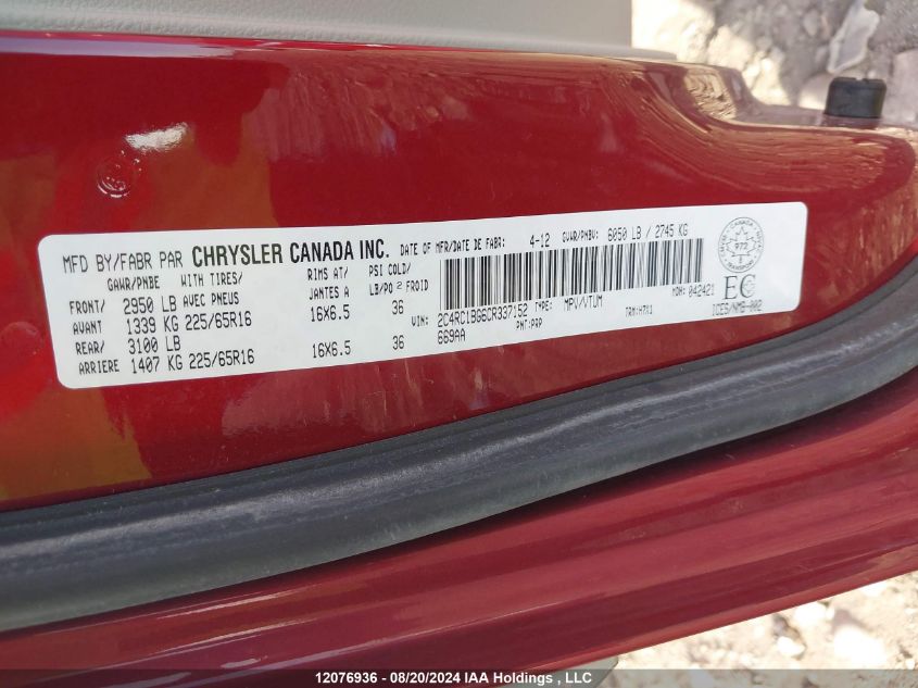 2012 Chrysler Town & Country Touring VIN: 2C4RC1BG6CR337152 Lot: 12076936