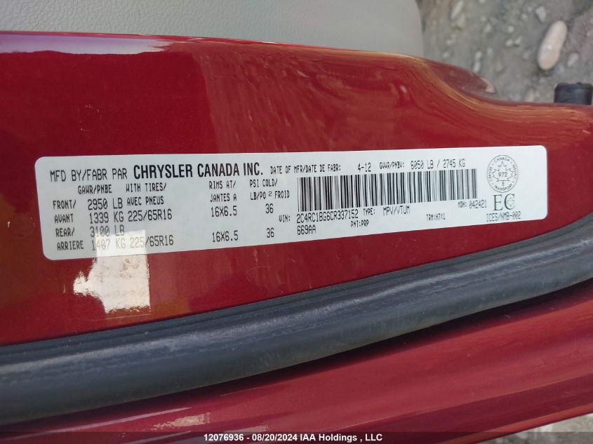 2012 Chrysler Town & Country Touring VIN: 2C4RC1BG6CR337152 Lot: 12076936