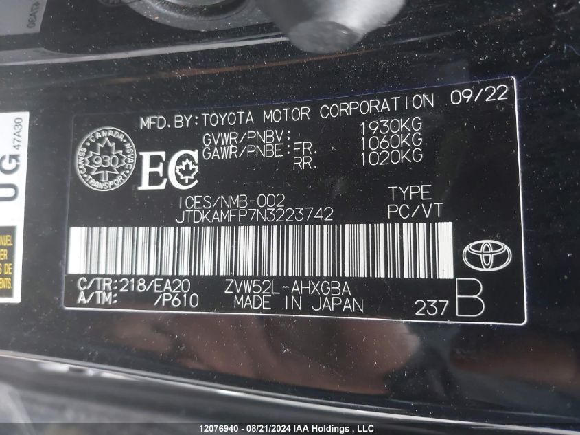 2022 Toyota Prius VIN: JTDKAMFP7N3223742 Lot: 12076940