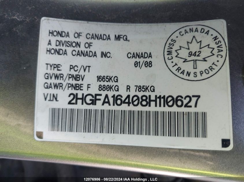 2008 Honda Civic Dx-G VIN: 2HGFA16408H110627 Lot: 12076986